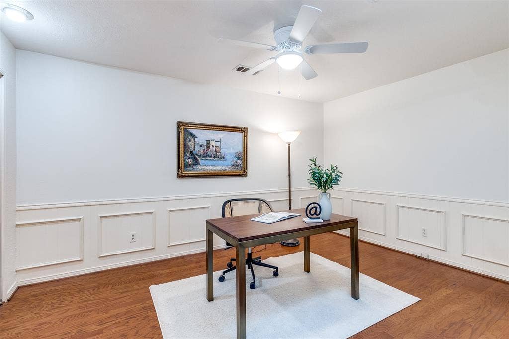14810 Knollview Drive, Dallas, TX 75248 Office space with ceiling fan, wainscoting, wood finished floors, and a decorative wall