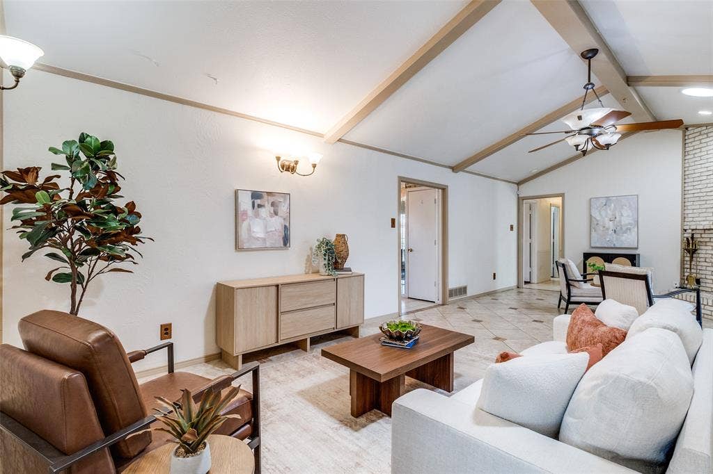 14810 Knollview Drive, Dallas, TX 75248 Living room featuring beamed ceiling and a ceiling fan