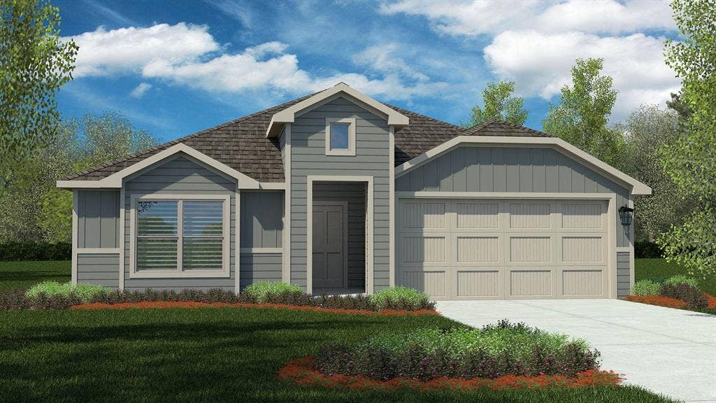 Front Elevation - D.R. Horton's KingstonFloorplan Elevation Y - All Home and community information, including pricing, included features, terms, availability and amenities, are subject to change at any time without notice or obligation. All Drawings, pictures, photographs, video, square footages, floor plans, elevations, features, colors and sizes are approximate for illustration purposes only and will vary from the homes as built.