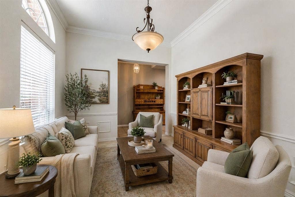 351 Southern Hills Drive, Fairview, TX 75069 Living area featuring high ceilings with crown molding, a decorative arch window, and wainscoting - Virtually Staged