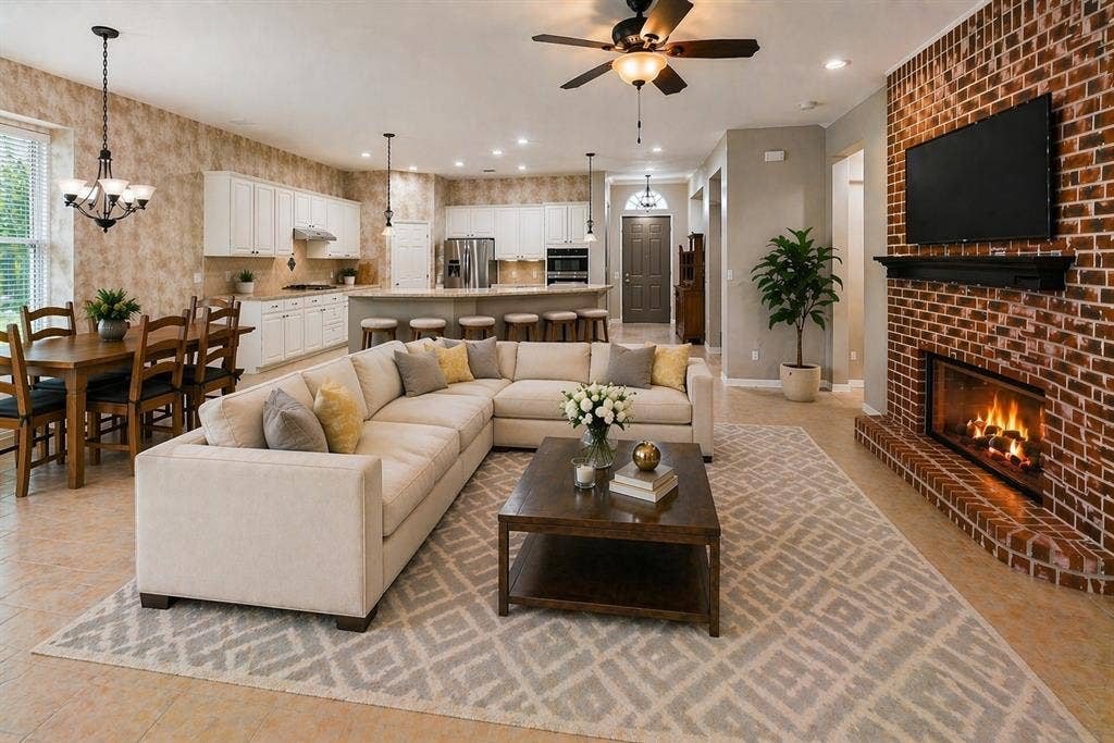 351 Southern Hills Drive, Fairview, TX 75069 Open concept living area featuring a brick fireplace with a mantel, a ceiling fan with light fixture, and tile flooring - Virtually Staged