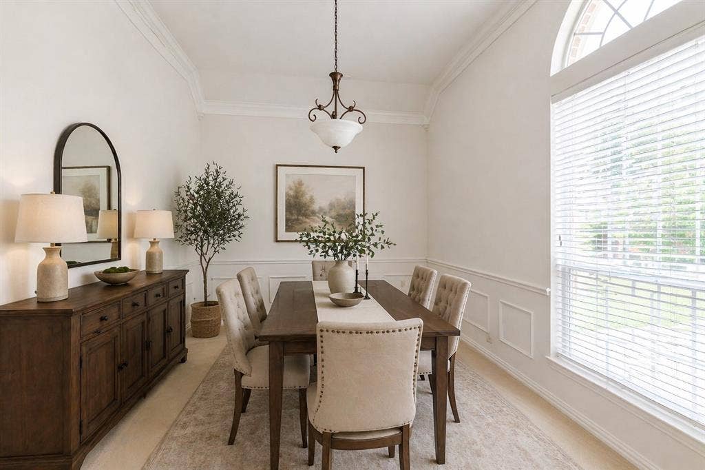 351 Southern Hills Drive, Fairview, TX 75069 Spacious room featuring crown molding, wainscoting, and a large arched window - Virtually Staged