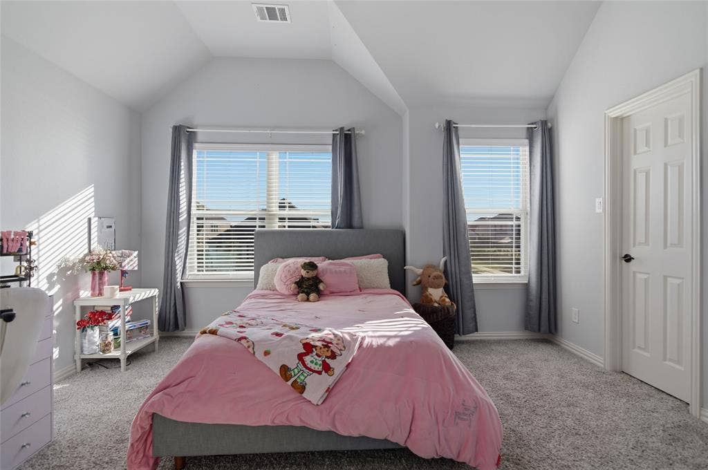 Bedroom #3 featuring dual windows with blinds, an angled ceiling, and a paneled door with dark hardware