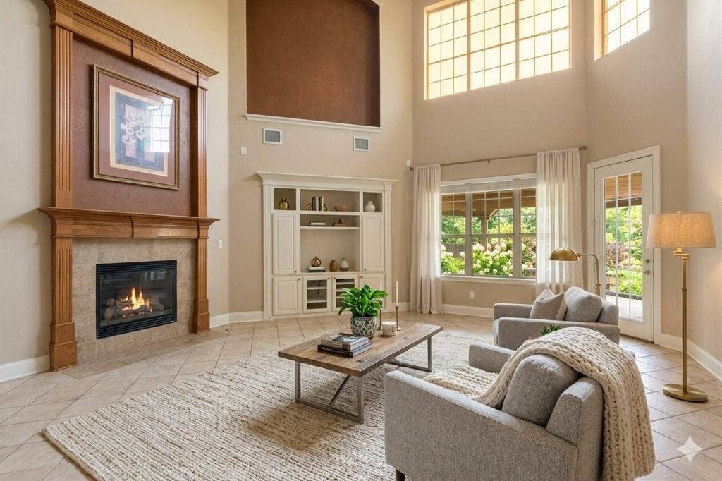 15031 Woodbluff Drive, Frisco, TX 75035 Two-story living area featuring a prominent fireplace with a wood mantle, built-in cabinetry, large windows, and a glass-paned door