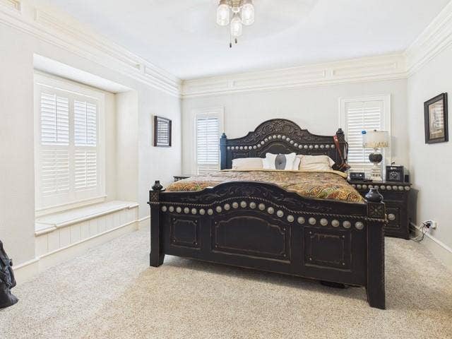 2382 Crystal Drive, Athens, TX 75752 Bedroom featuring carpet floors, crown molding, and ceiling fan