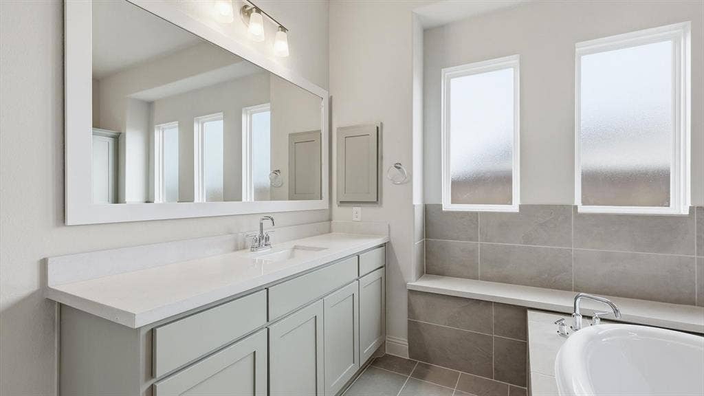 331 Fire Blade Drive, Aledo, TX 76008 Dual-sink vanity with light-colored cabinetry and solid surface countertop