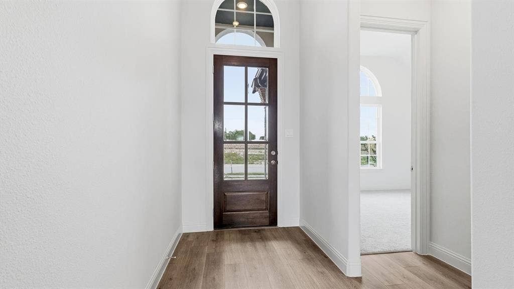 331 Fire Blade Drive, Aledo, TX 76008 Entryway featuring a dark wood-finish door with glass panels, an arched transom window, and light wood-finish flooring