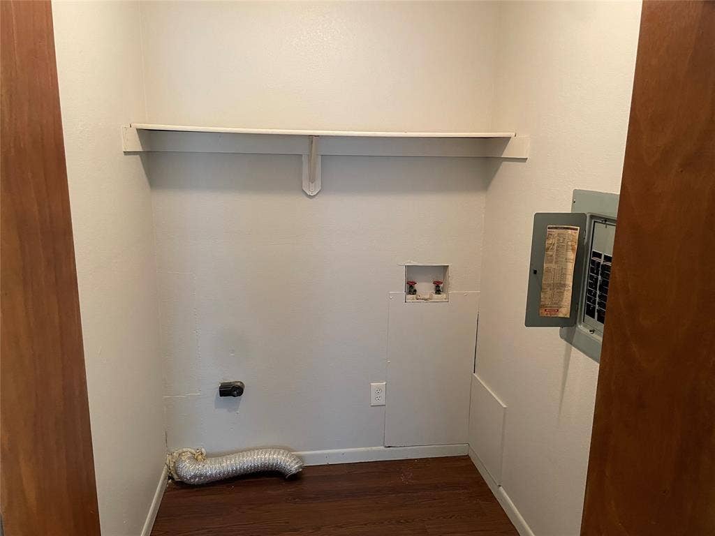 3441 Pewitt Drive, #43, Waco, TX 76706 Laundry room featuring electric panel, dark wood-type flooring, hookup for an electric dryer, and washer hookup