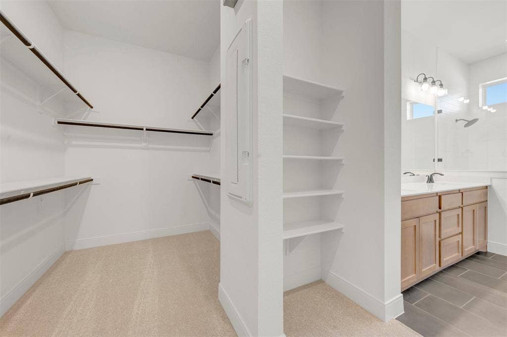 1709 Drover Street, Northlake, TX 76247 Walk-in closet featuring carpet flooring, built-in shelving, and hanging rods