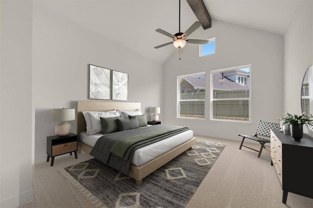 1709 Drover Street, Northlake, TX 76247 Vaulted ceiling with exposed wood beam and ceiling fan