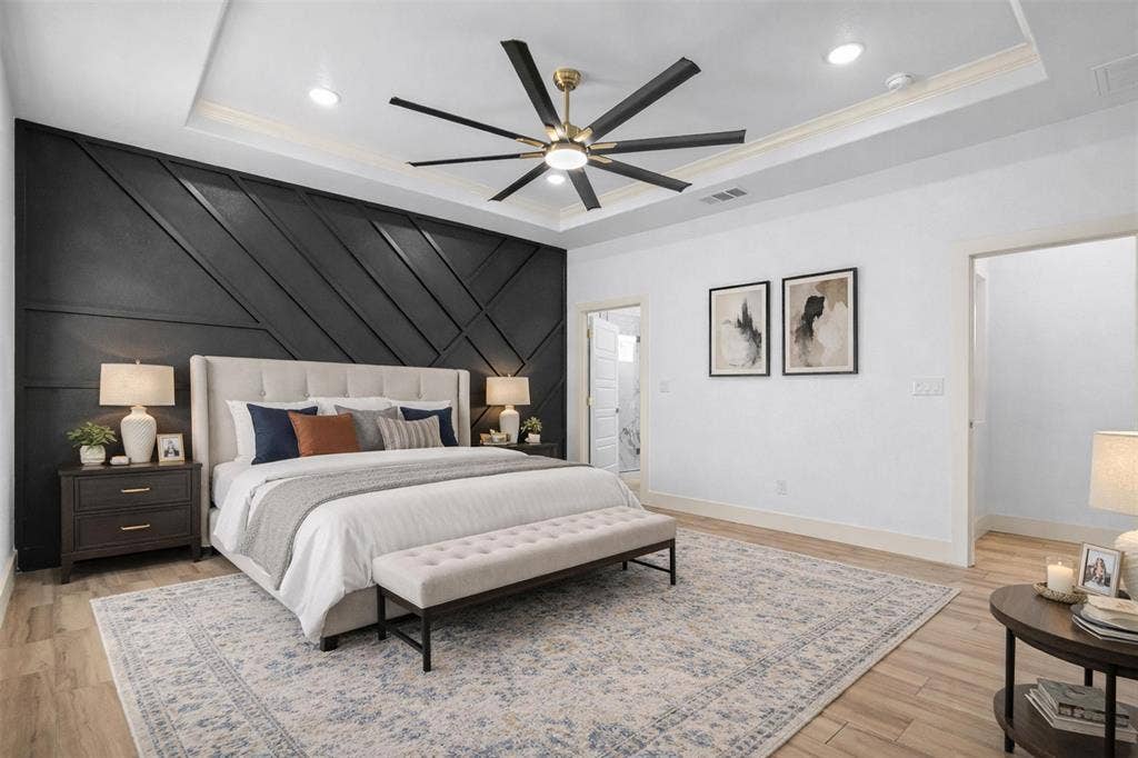 271 Victory Drive, Mabank, TX 75147 Bedroom with an accent wall, light wood-style floors, a decorative wall, recessed lighting, and ceiling fan