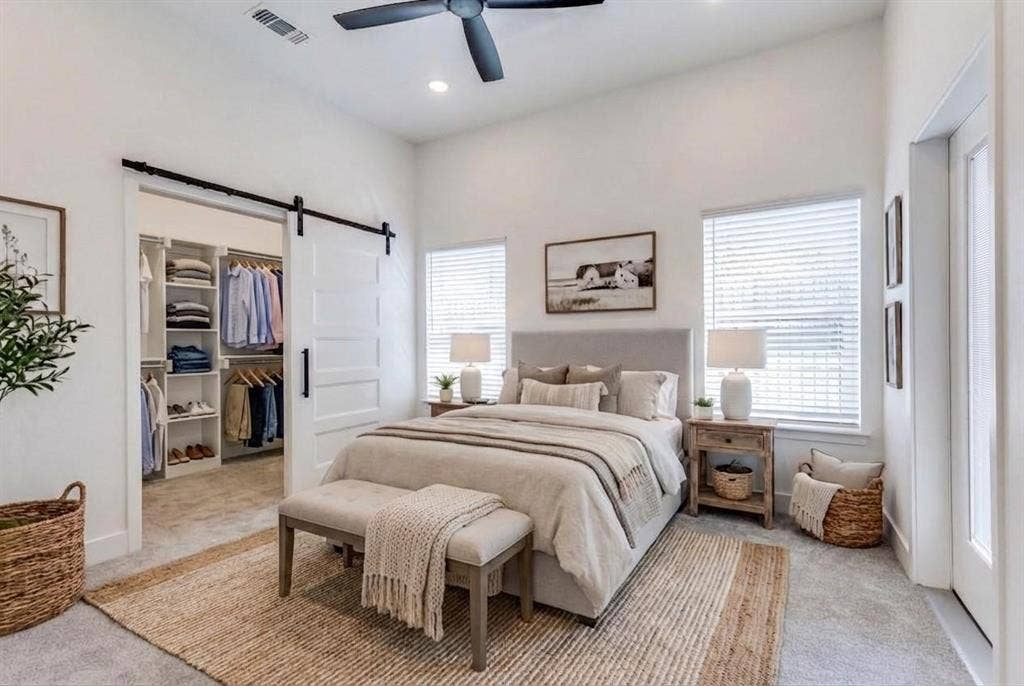 820 W McLeroy Boulevard, #2004, Saginaw, TX 76179 Independent Living Cottage Bedroom Floor Plan with door that leads to covered patio have Ceiling Fans. Virtually Staged