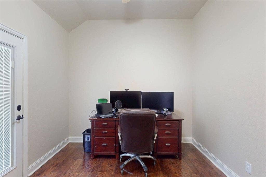 349 Creekside Trail, Argyle, TX 76226 Office space with dark wood-style floors and lofted ceiling