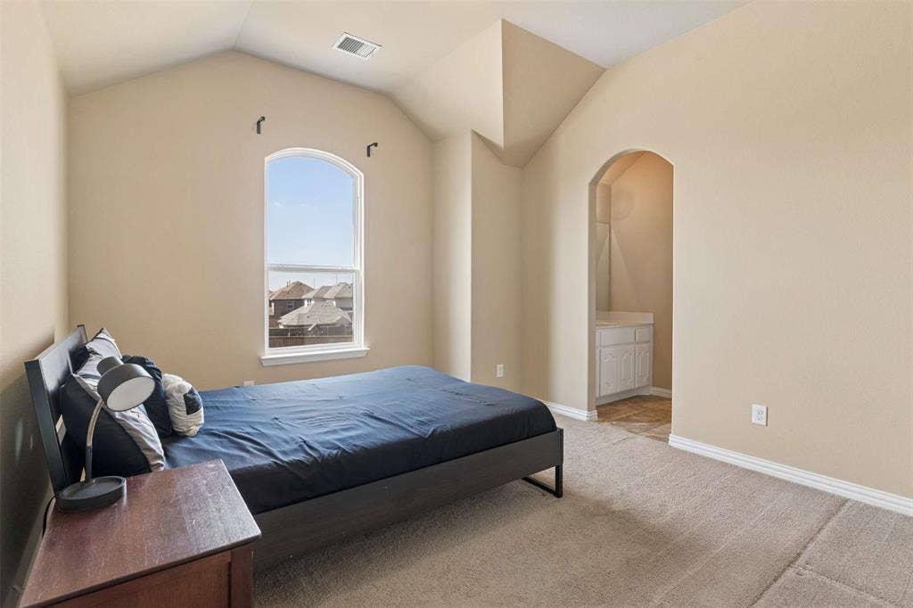 2446 Old Stables Drive, Celina, TX 75009 Bedroom featuring light colored carpet, arched walkways, ensuite bathroom, and vaulted ceiling