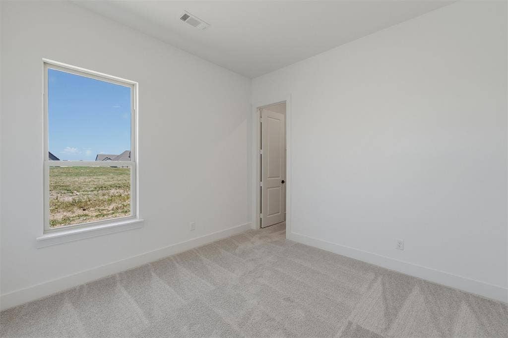 2408 Quartz Street, Krum, TX 76249 Bright interior room featuring a single window, light gray carpeting, crisp white walls, white baseboards, and a white door with a black handle