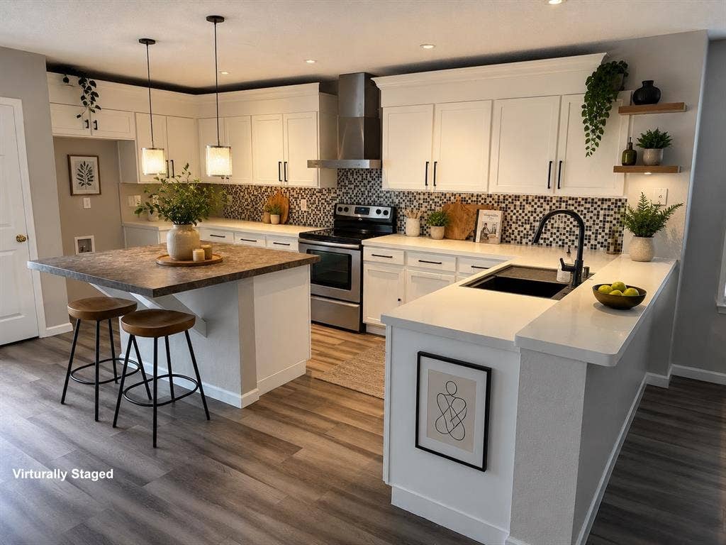Contemporary kitchen featuring white cabinetry, a mosaic tile backsplash, and light wood-finish flooring