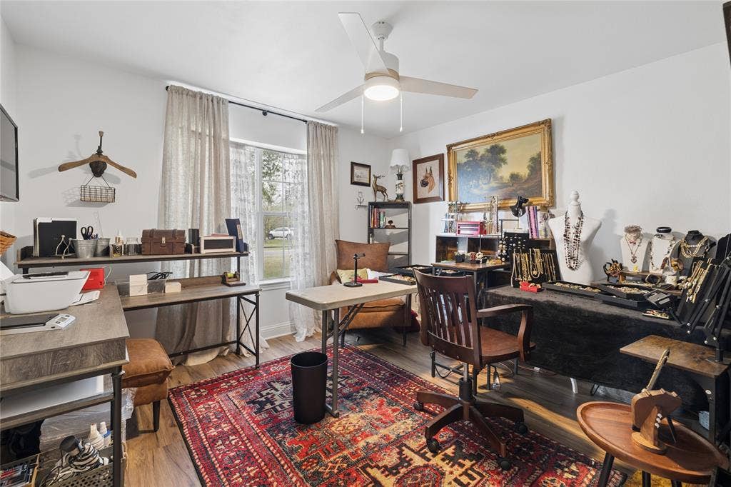 25 Starview Drive, Star Harbor, TX 75148 Home office featuring a ceiling fan and light wood floors