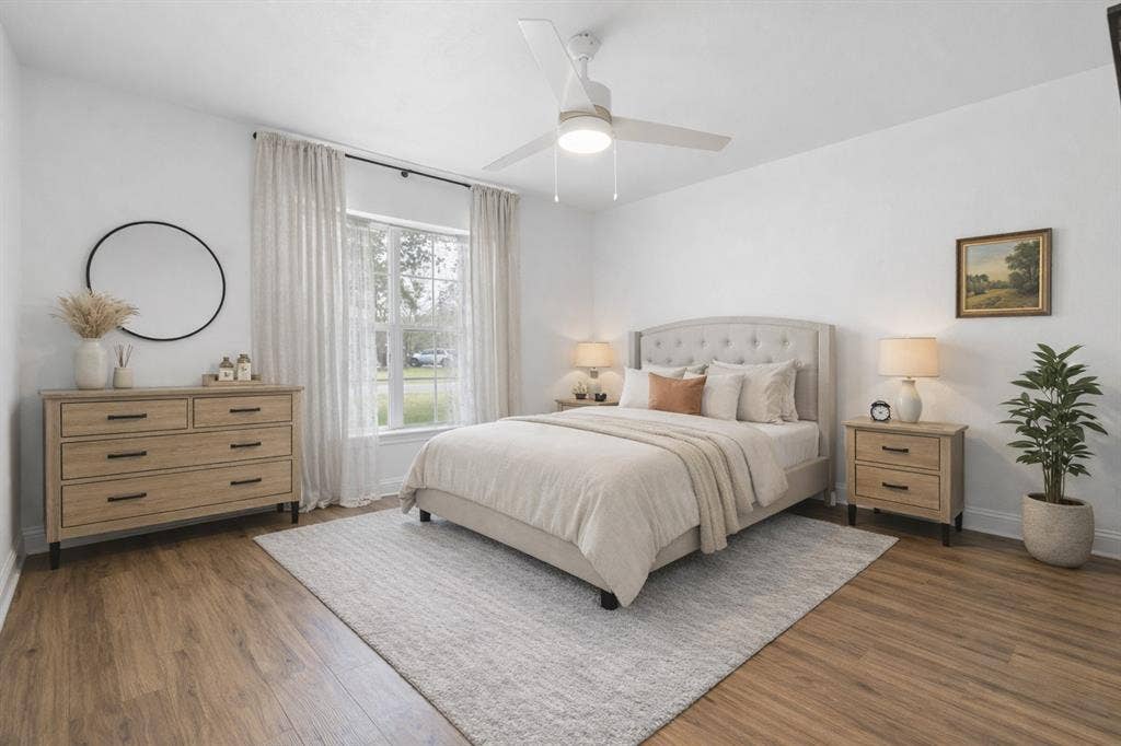 25 Starview Drive, Star Harbor, TX 75148 Bedroom featuring wood flooring and a ceiling fan - virtually staged from office to bedroom