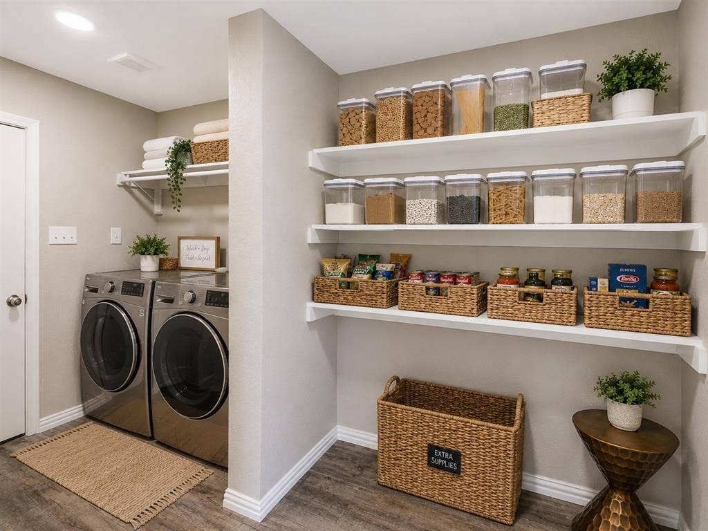 AI enhanced staging- Dedicated laundry area featuring stainless steel appliances