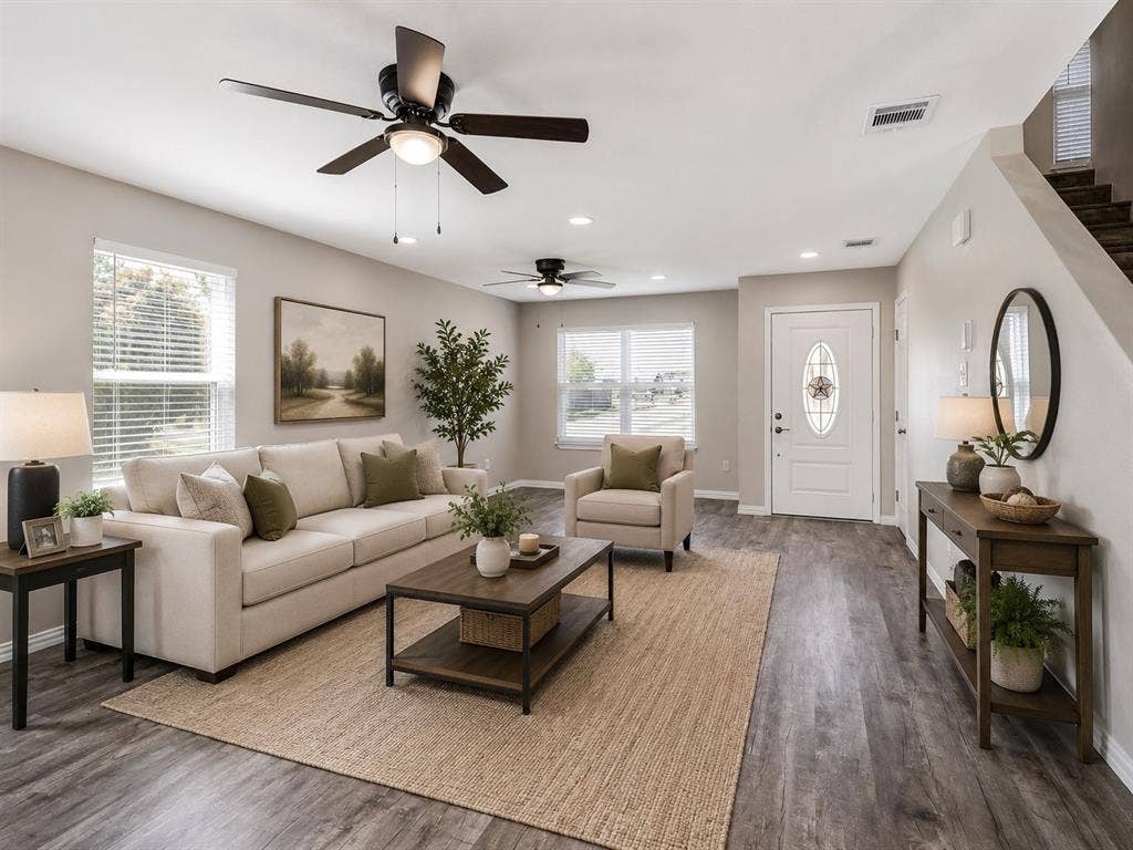 Open-concept living space featuring wood-finish flooring, recessed lighting, and multiple ceiling fans AI enhanced