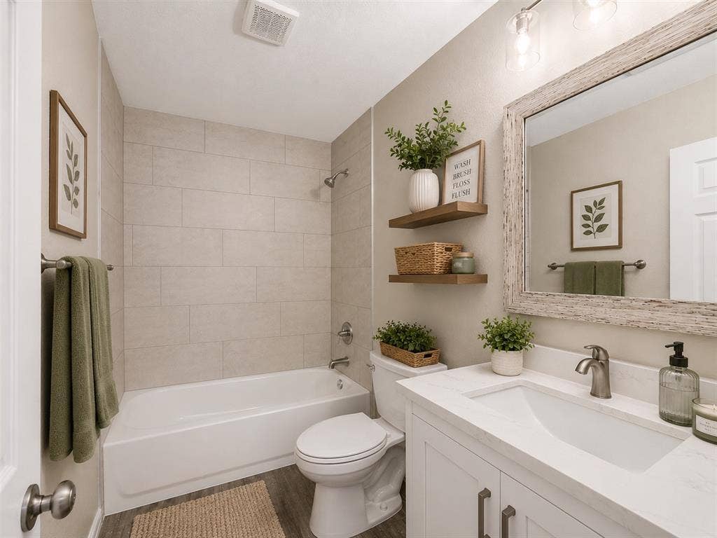 AI enhanced White vanity with a single basin sink, brushed nickel faucet, and a large distressed wood-framed mirror