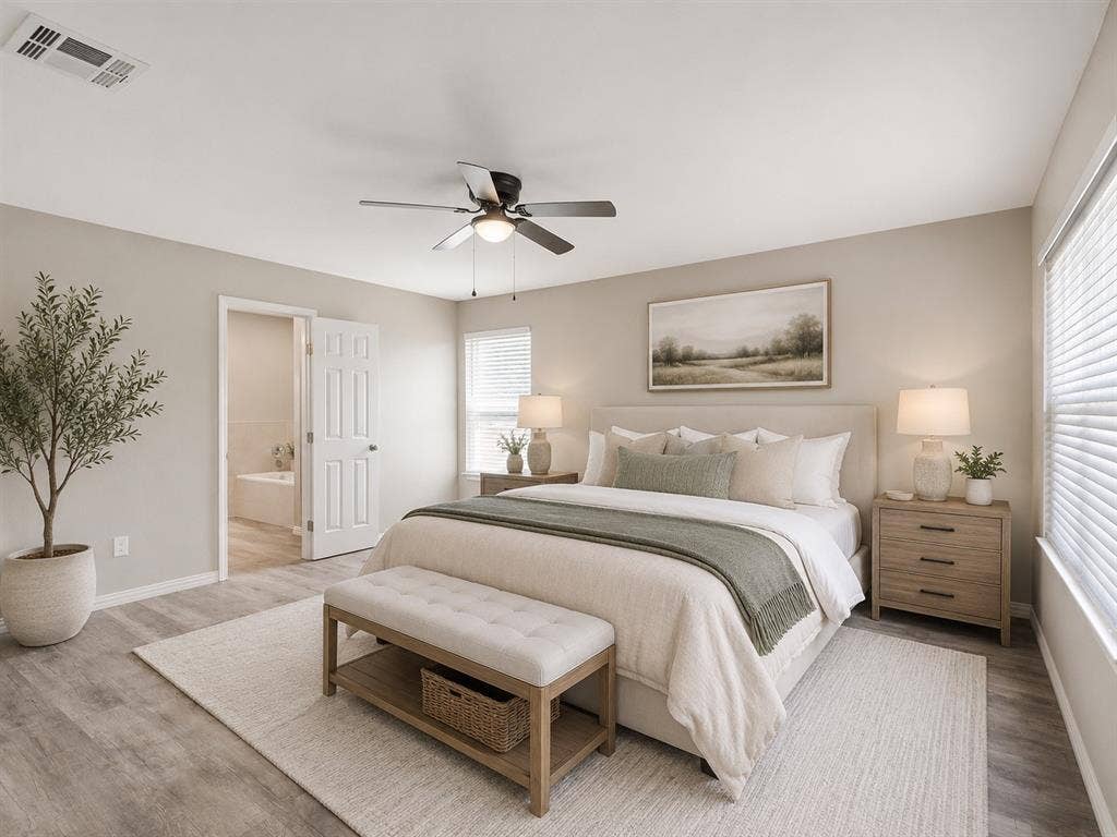 Spacious bedroom featuring wood-finish flooring, a ceiling fan with integrated lighting, and a window with blinds. AI enhanced