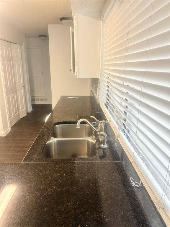 2301 Holly Drive, Euless, TX 76039 Dark speckled countertop featuring an undermount double basin stainless steel sink with a chrome faucet