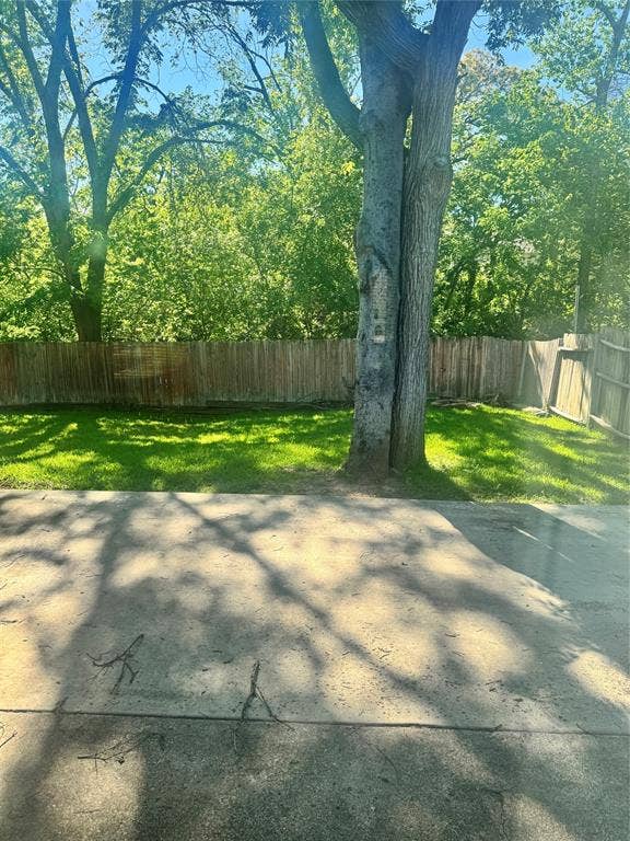 2301 Holly Drive, Euless, TX 76039 Backyard featuring a concrete patio surface, a mature shade tree, a privacy fence, and a grass lawn