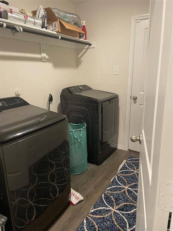 468 Unbridled Road, Waxahachie, TX 75165 Laundry room featuring dark wood-style floors and washing machine and dryer