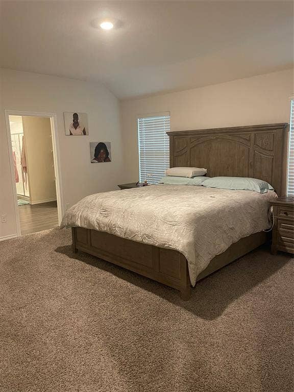 468 Unbridled Road, Waxahachie, TX 75165 Bedroom featuring carpet floors, lofted ceiling, and recessed lighting