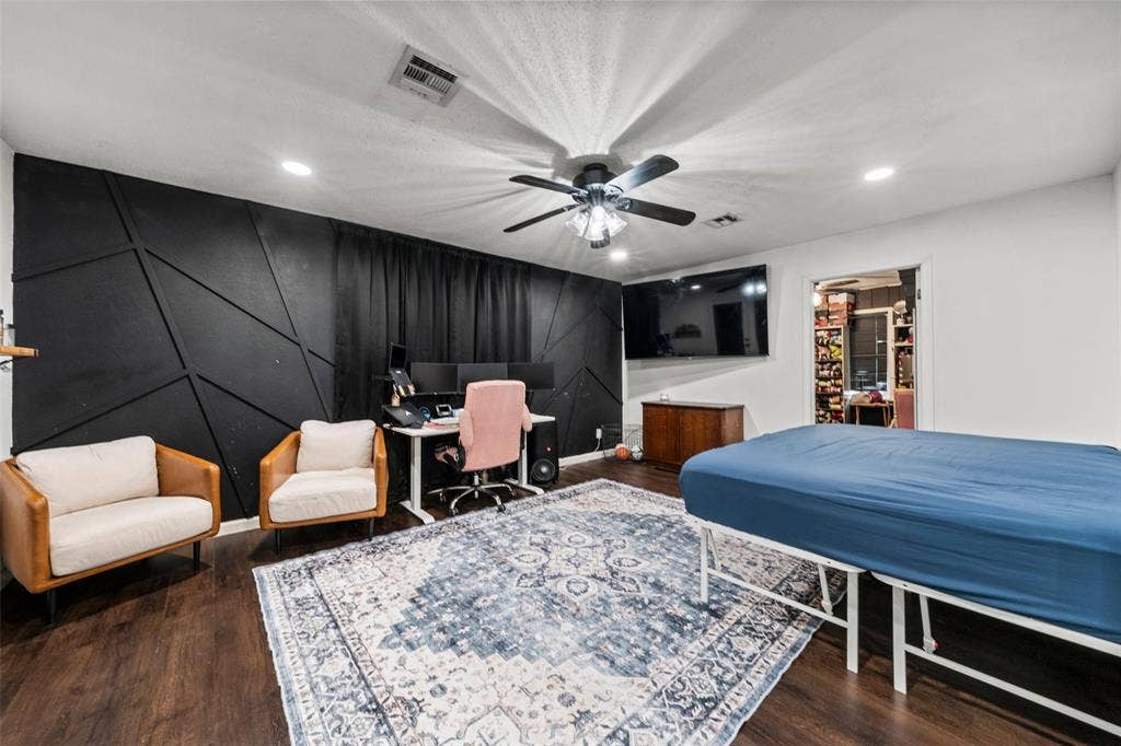 1207 Pembrook Drive, Waco, TX 76710 Bedroom with a desk, ceiling fan, dark wood-type flooring, and recessed lighting