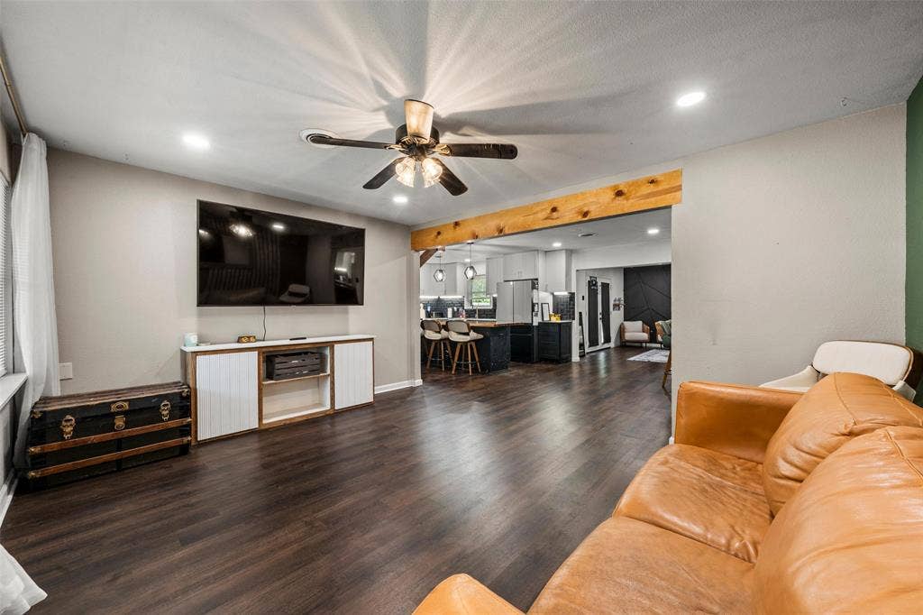 1207 Pembrook Drive, Waco, TX 76710 Living area with recessed lighting, dark wood-style floors, ceiling fan, and beam ceiling