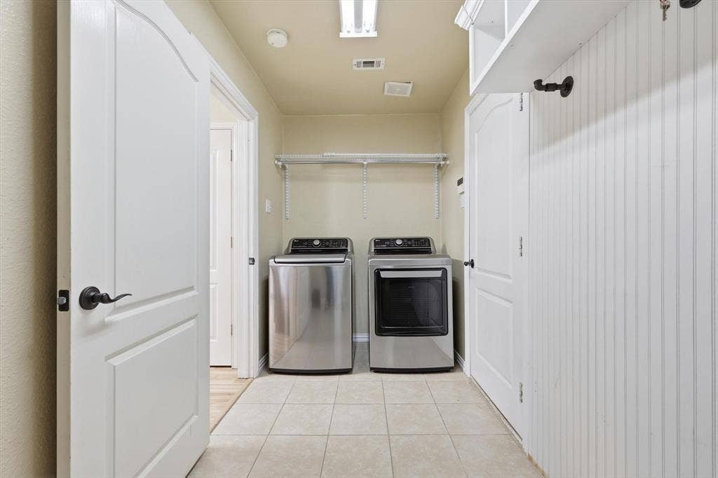 6421 Peak View Court, Midlothian, TX 76065 The laundry is in the utility room which has storage shelves and room for a freezer and cleaning supplies
