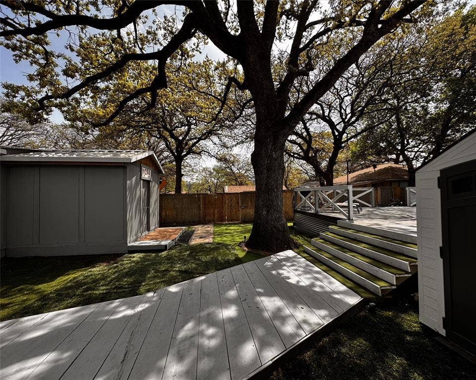 3020 Delaware Trail, Lake Worth, TX 76135 Wooden deck featuring a fenced backyard, a yard, an outbuilding, and a storage shed