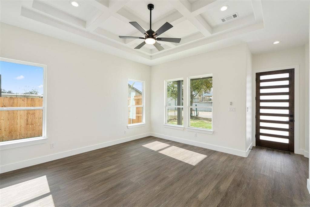 802.5 N Needmore Street, Athens, TX 75751 Unfurnished room featuring recessed lighting, coffered ceiling, ceiling fan, and dark wood-type flooring