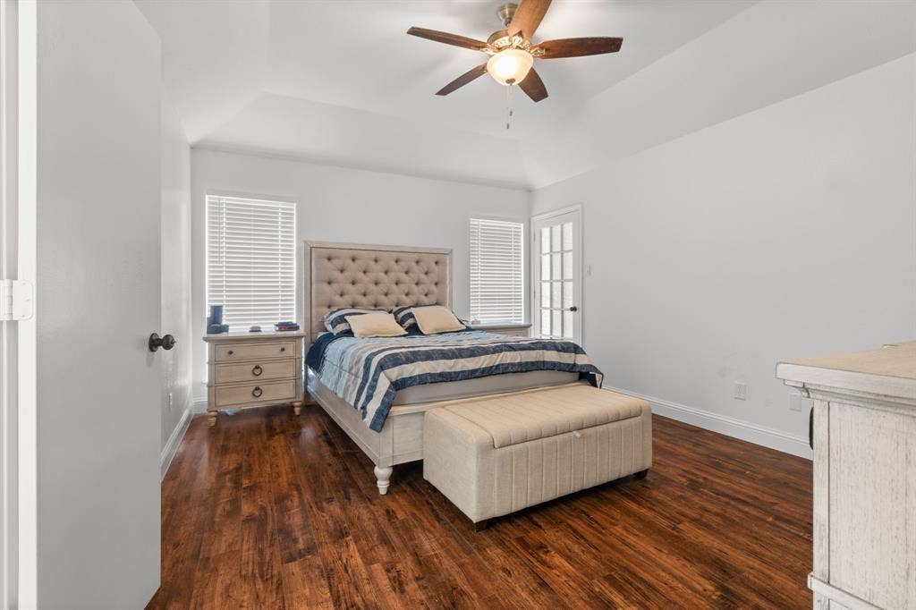 4200 Jennifer Lane, Crowley, TX 76036 Bedroom featuring dark wood-style floors and a ceiling fan