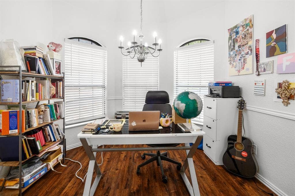4200 Jennifer Lane, Crowley, TX 76036 Home office with suspended lighting and dark wood-style flooring