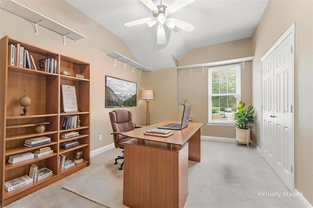1221 Amistad Drive, Prosper, TX 75078 A versatile room featuring vaulted ceilings, a window with natural light, and plush carpet flooring