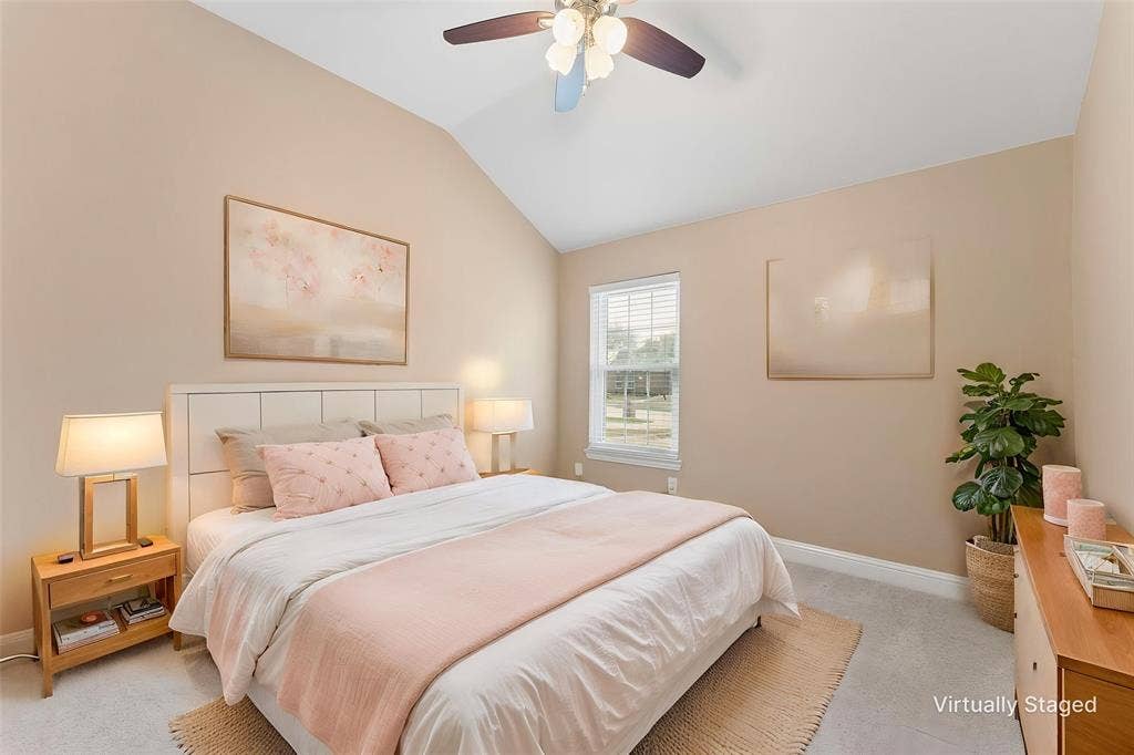 1221 Amistad Drive, Prosper, TX 75078 This room features vaulted ceilings, a window with blinds, and a ceiling fan