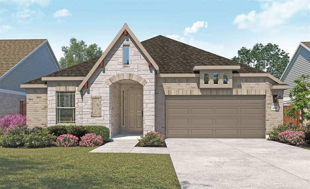 1415 Odette Drive, Arlington, TX 76013 The property features a stone and brick exterior, a prominent gabled roofline, and an attached two-car garage