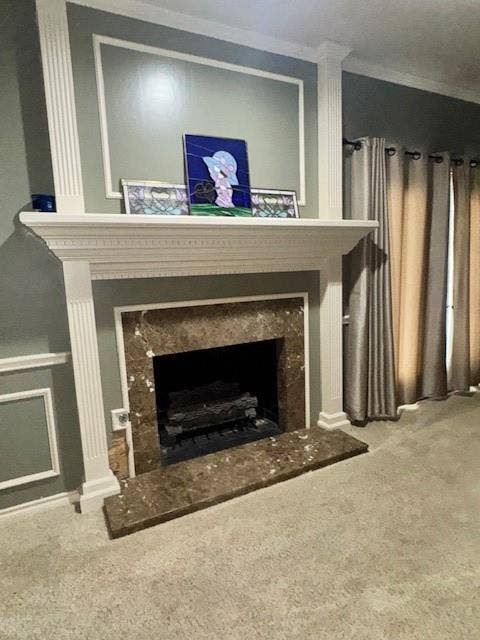 Details with a premium fireplace, crown molding, and carpet flooring