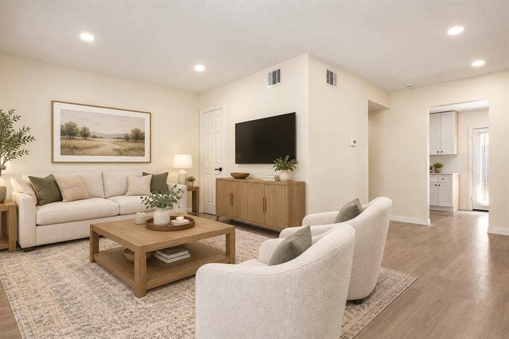 Recessed lighting illuminates an open-concept living area with wood-finish flooring
