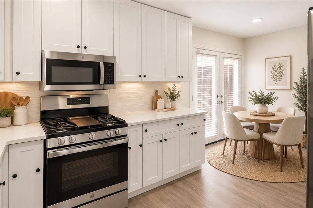 Crisp white cabinetry, stainless steel range and microwave, light-toned countertops, wood-finish flooring, and French doors