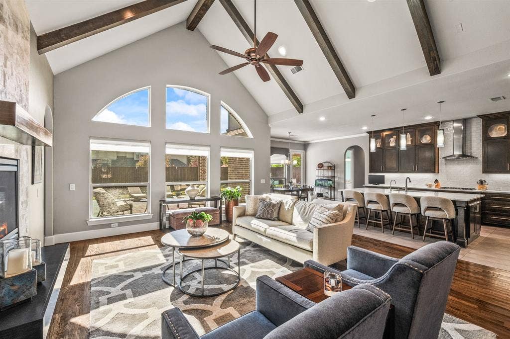 1640 Stillhouse Hollow Drive, Prosper, TX 75078 Dramatic beamed vaulted ceiling that adds to the open feeling.