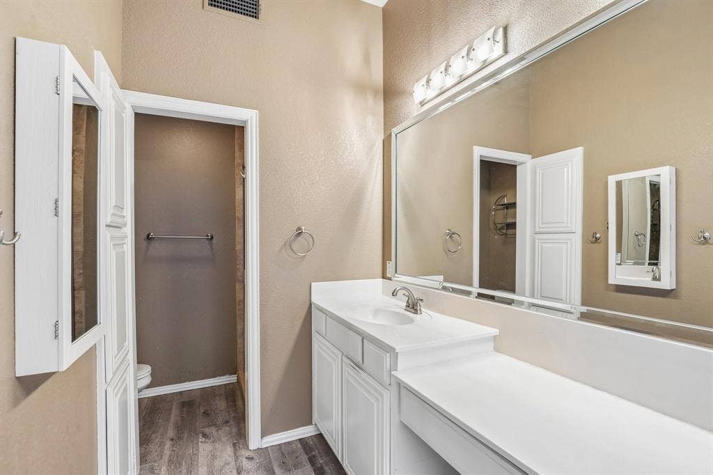 4124 Cory Lee Court, Arlington, TX 76015 Bathroom featuring an expansive vanity with an integrated sink, white cabinetry, and a full-width mirror