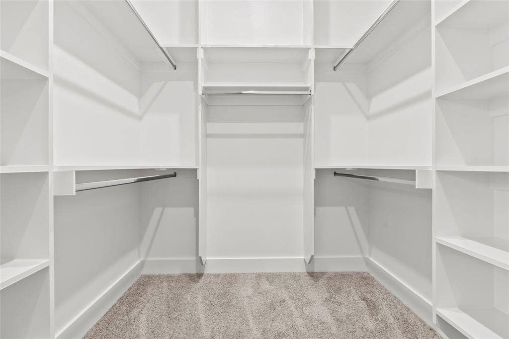 Walk-in closet featuring built-in white shelving, multiple hanging rods, and light-toned carpet flooring