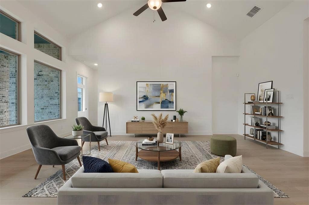 1605 Cedarberry Drive, Northlake, TX 76226 Vaulted ceiling with recessed lighting and a ceiling fan, wood-finish flooring, and large windows