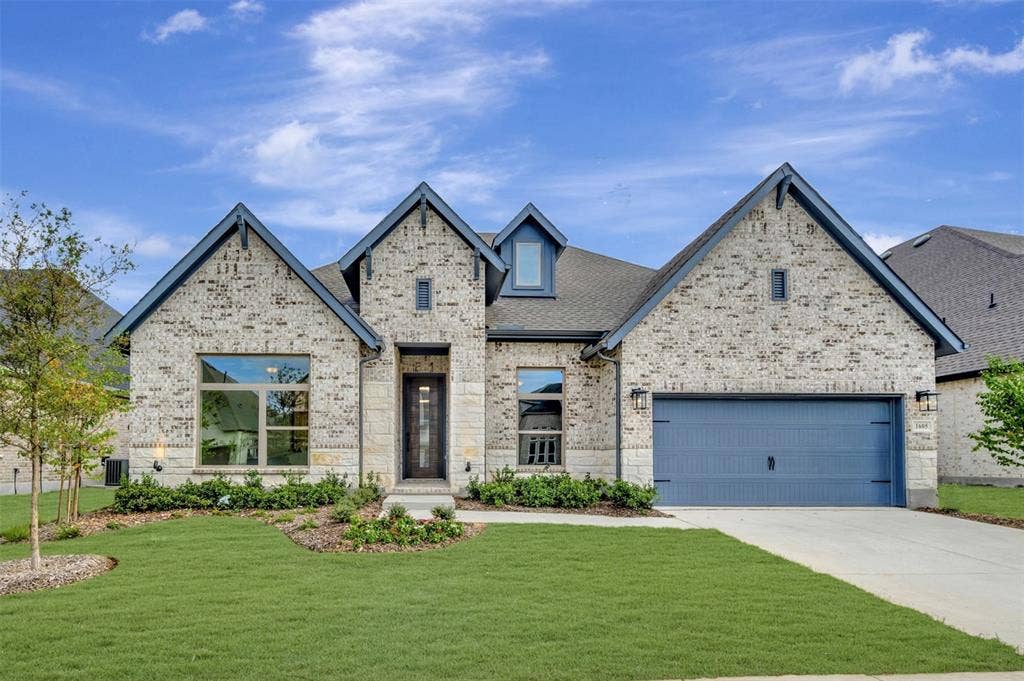 1605 Cedarberry Drive, Northlake, TX 76226 Light-colored brick and stone exterior with dark blue gable trim