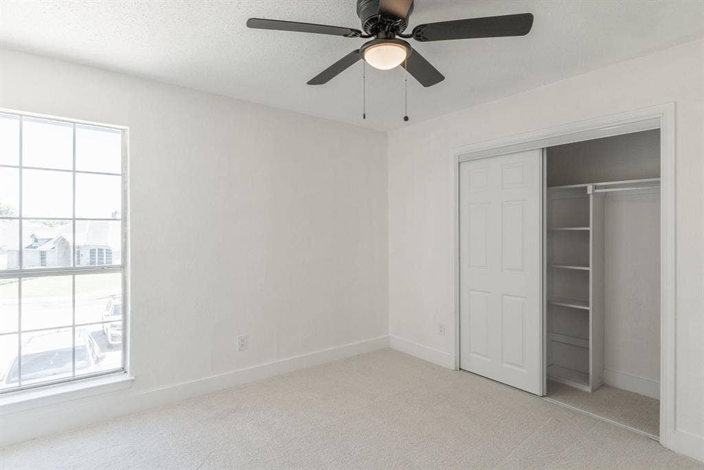Bright room featuring a ceiling fan with light, plush carpet, and a large window with white trim