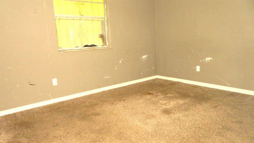6525 Palm Island Street, Dallas, TX 75241 Room featuring a single window, light brown walls, white baseboards, and brown carpeting